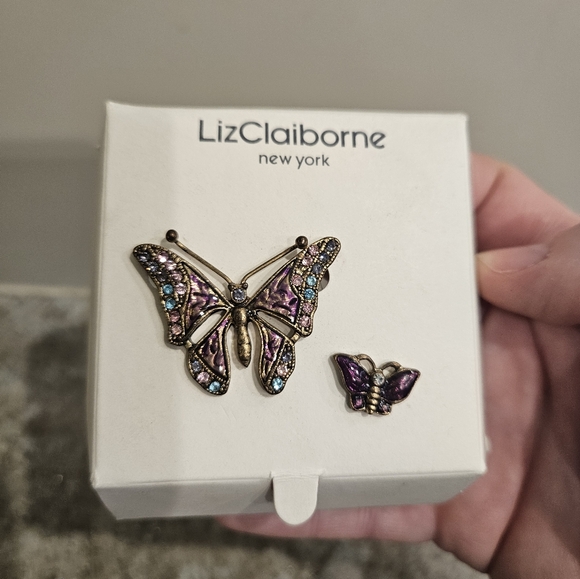 Liz Claiborne Purple Butterfly Brooches Enamel Pink Blue Rhinestones Set of 2 - Picture 2 of 5